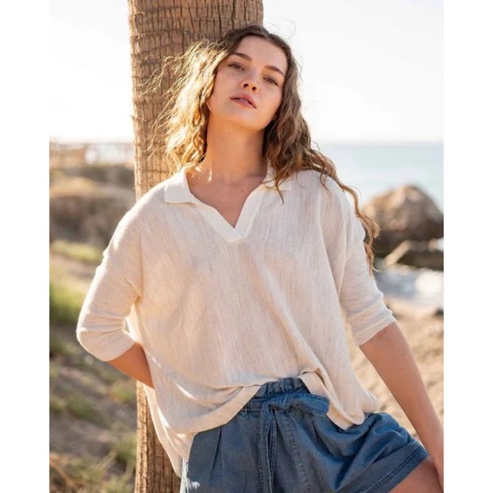 MERSEA Sweater Catalina Polo Contrast Collar Side‎ Slit Gray OS Coastal Sea Salt